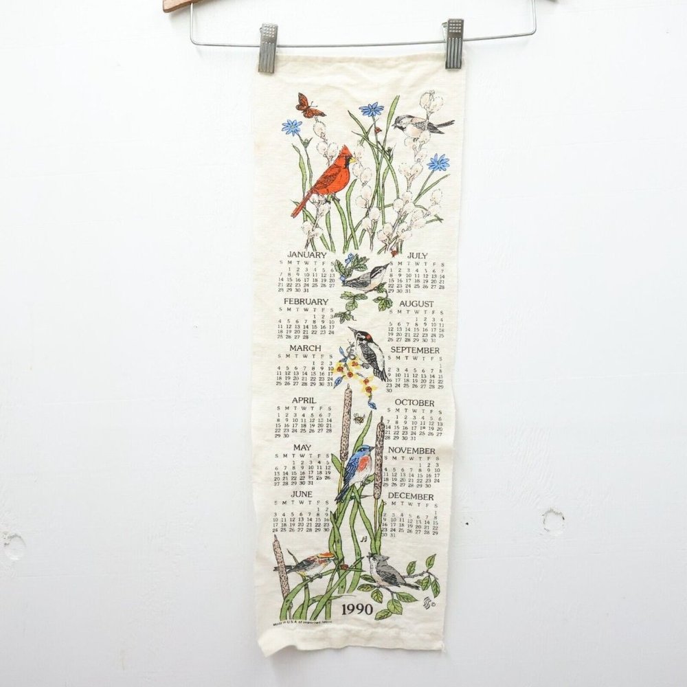 4/$20 1990 Calender Linen Wall Hanging Floral Song Birds Cardinal Wren Bluebird